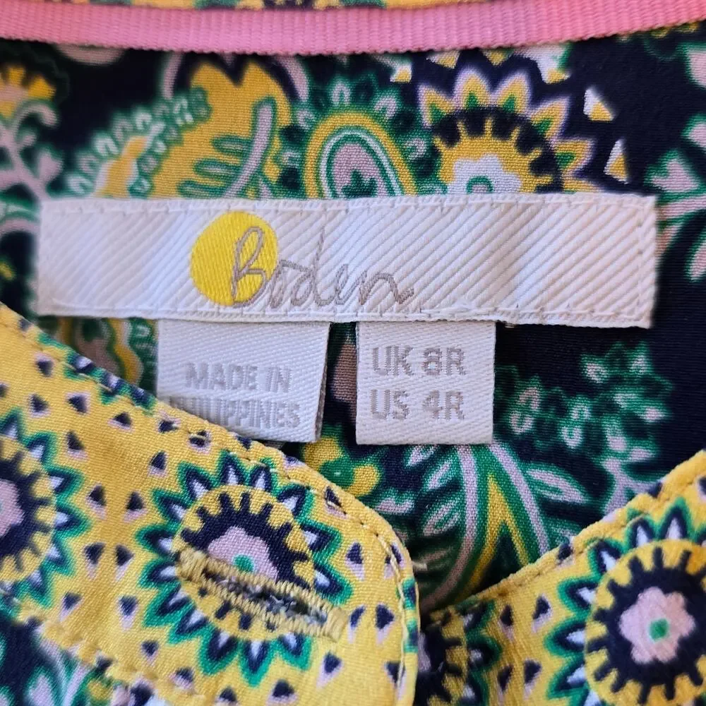 Boden Silk Blouse Women's 4R Multicolored Paisley Floral Popover Preppy Classic